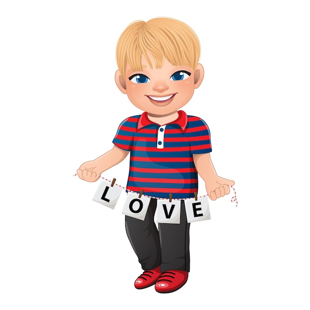 Vector valentijnsdag met blonde hair boy met letters van het woord love cartoon personage vector