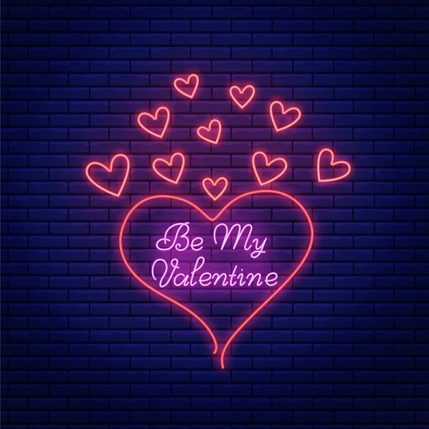 Valentijnsdag neon bord met heldere letters tekst en hart vormen. Valentine groet embleem in neon stijl.
