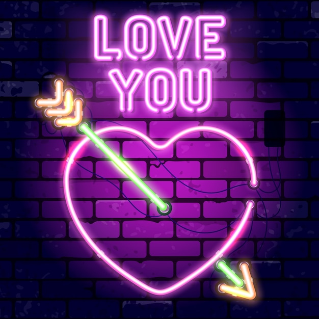 Valentijnsdag neon uithangbord met hart, pijl en hou van je. heldere nacht uithangbord bakstenen muur teken.