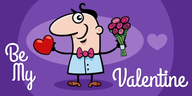 Vector valentijnsdag ontwerp met cartoon man met hart en bloemen