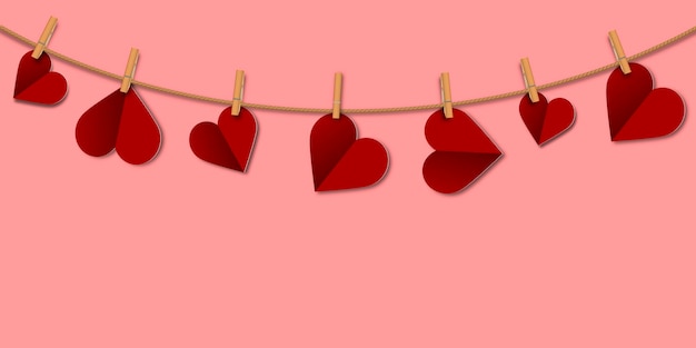 Valentijnsdag papieren harten op een waslijn op een roze achtergrond Vector