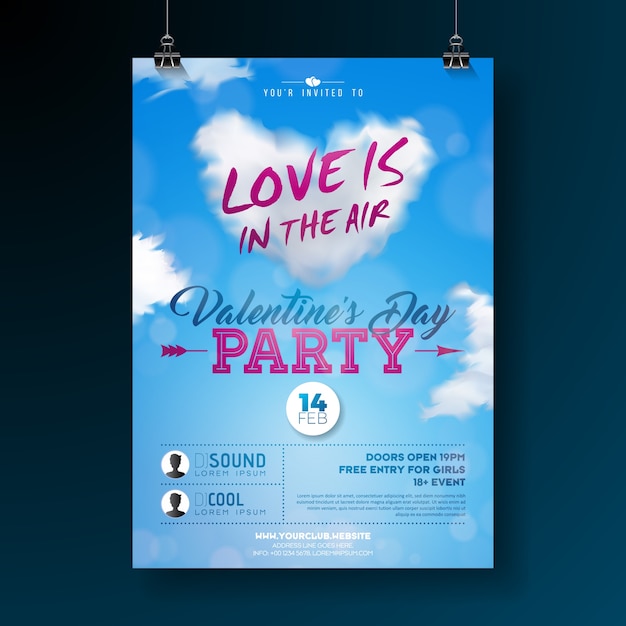 Vector valentijnsdag partij flyer ontwerpen met typografie en wolk hart op blauwe achtergrond.