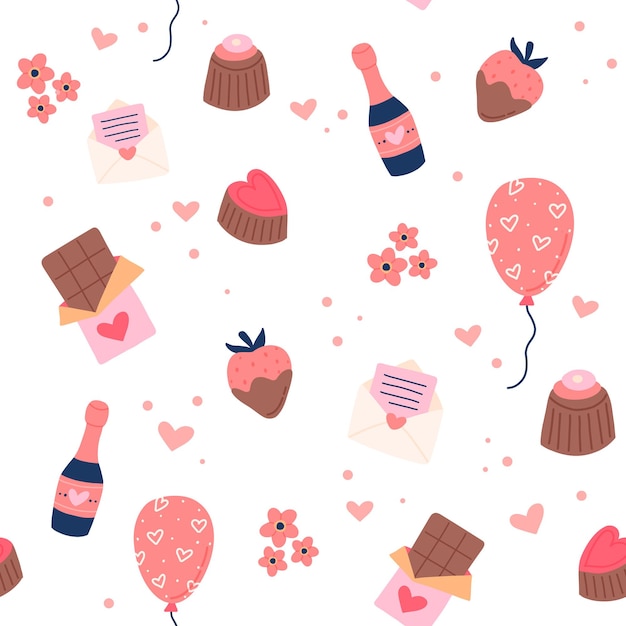Valentijnsdag patroon met schattige ballonnen, aardbei, liefdesbrieven. Hand getekende vectorillustratie