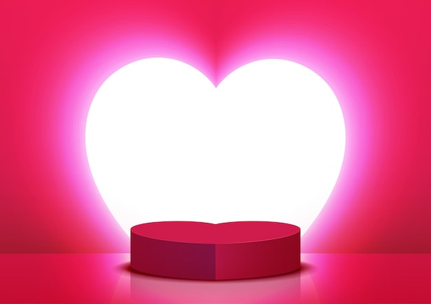 Valentijnsdag podiumachtergrond met hartlicht en rood platform voor productweergave op roze.