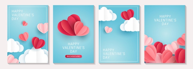 Valentijnsdag posters of banner set met blauwe lucht en papier gesneden wolken hart plaats voor tekst vakantie banners web poster flyers voucher sjabloon brochures en wenskaarten vector design