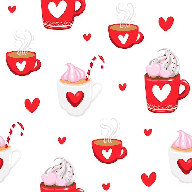 Valentijnsdag romantisch naadloos patroon met schattige kopjes, mokken, harten, koffie en meer. Vector illustratie eps10