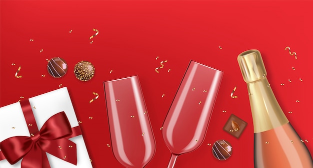 Valentijnsdag, romantisch, realistisch champagne glas, cadeau, chocolade en rood lint, rode achtergrond, liefde concept