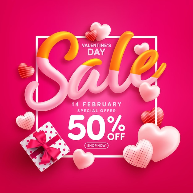 Valentijnsdag sale 50% korting poster of banner met zoete harten en geschenkdoos op rood