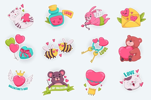 Valentijnsdag schattige stickers in platte cartoon ontwerp Gelukkige kat met hart liefdesdrank cupido konijn liefdevolle bijen ballonnen met cadeau en andere Vector illustratie voor planner of organisator sjabloon