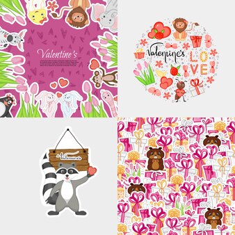 Valentijnsdag set met patroon en sjablonen voor uw tekst cartoon stijl vectorillustratie