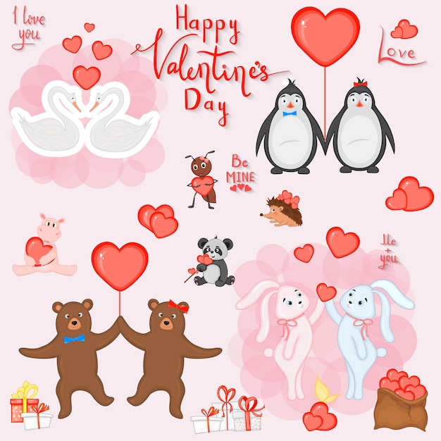 Valentijnsdag set met schattige dieren Cartoon stijl Vector illustratie