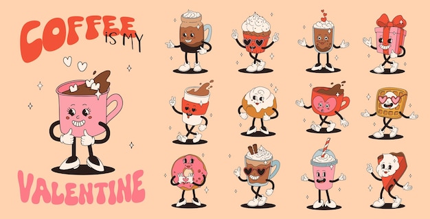 Valentijnsdag set van grappige vintage personages Gelukkige en vrolijke retro oude animatie 60s 70s