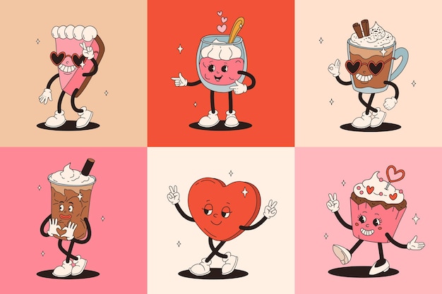 Valentijnsdag set vintage karakters Gelukkig en vrolijk retro Oude animatie jaren 50 60 70 groovy stripfiguren van koffie en snoep donut cupcake espresso latte cacao cake aanwezig