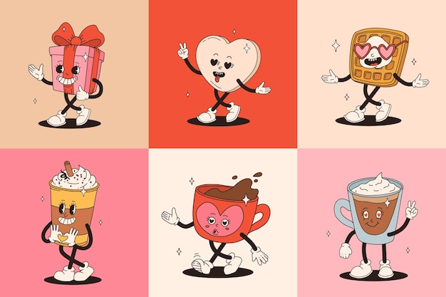 Valentijnsdag set vintage karakters Gelukkig en vrolijk retro Oude animatie jaren 50 60 70 groovy stripfiguren van koffie en snoep donut cupcake espresso latte cacao cake aanwezig