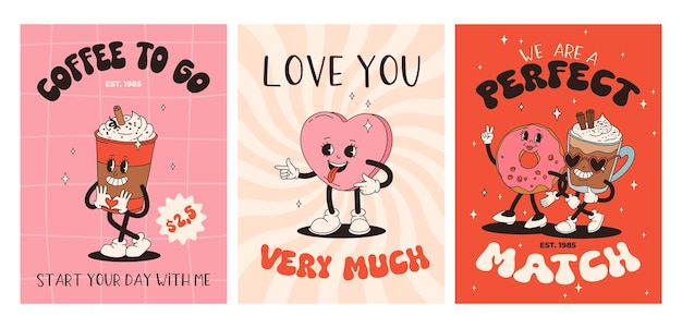 Valentijnsdag set vintage posters Gelukkig en vrolijk retro mascottes Oude animatie 50s 60s 70s groovy stripfiguren van koffie snoep en harten donut cupcake espresso latte aanwezig