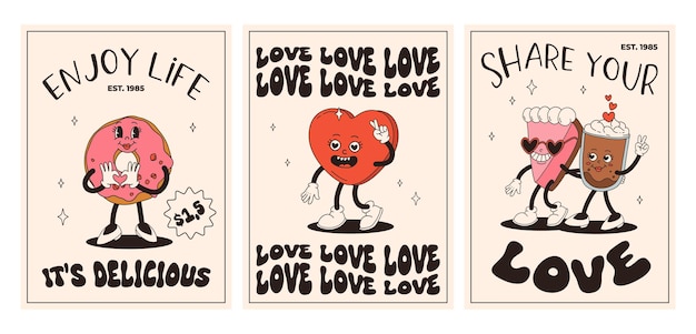 Valentijnsdag set vintage posters Gelukkig en vrolijk retro mascottes Oude animatie 50s 60s 70s groovy stripfiguren van koffie snoep en harten donut cupcake espresso latte aanwezig