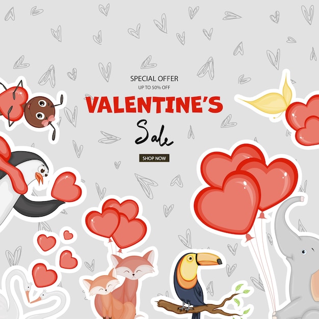 Valentijnsdag sjabloon voor uw tekst met schattige dieren. Cartoon-stijl. Vector illustratie.