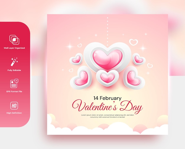 Valentijnsdag sociale media poster of banner met 3d hart rode, roze achtergrond