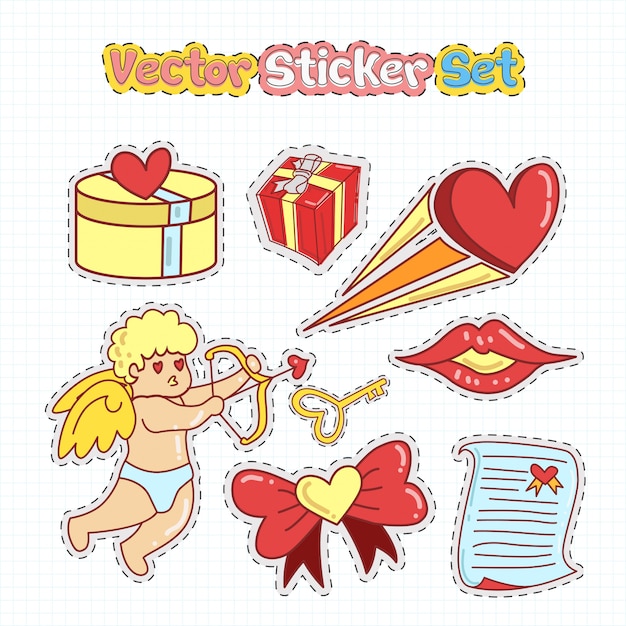 Valentijnsdag sticker patches in doodle stijl. vector illustratie