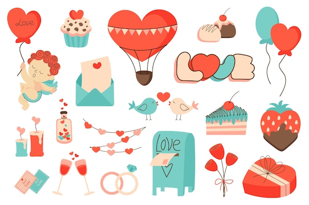 Valentijnsdag symbolen mega set in plat ontwerp Bundle elementen van Cupid cupcakes warmluchtballon snoep liefdesbrief vogels snoep bloemen geschenken Vector illustratie geïsoleerde grafische objecten