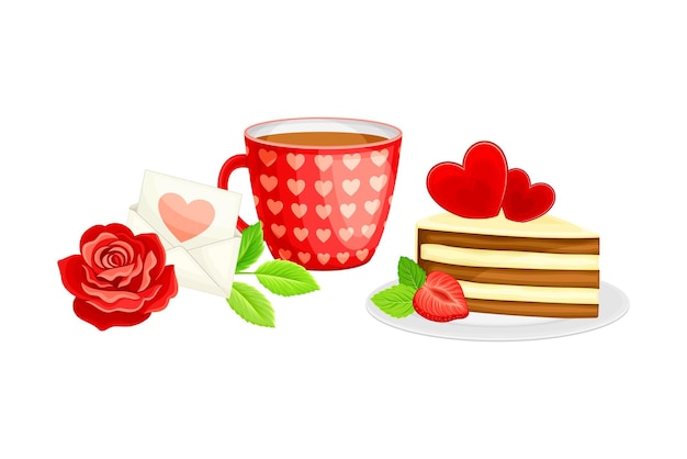 Valentijnsdag symbool met zoete taart en rode roos bloem vector compositie