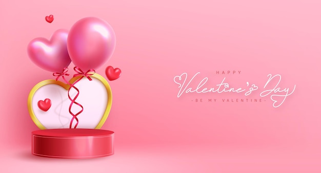 Valentijnsdag vector achtergrondontwerp. Happy Valentijnsdag tekst in lege roze ruimte met podium.