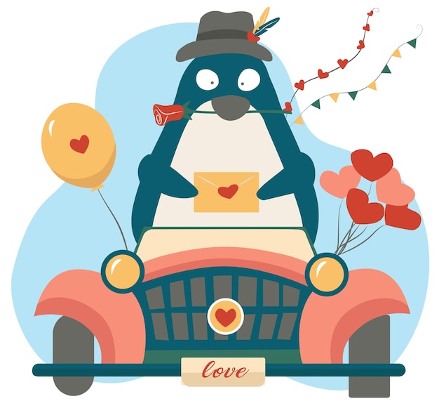 Valentijnsdag vector groetkaart met schattige kawaii pinguïn vogel rijden retro auto