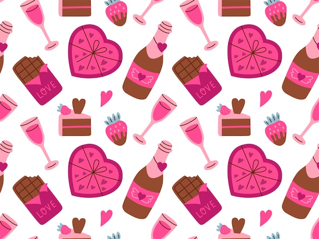 Valentijnsdag vector handgetekende naadloze patroon Cartoon stijl hart chocolade snoep Flat vector illustratie