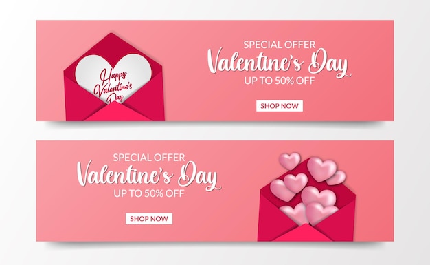 Valentijnsdag verkoop aanbieding banner kaartsjabloon met liefdesbrief envelop illustratie