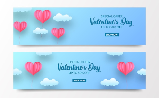 Valentijnsdag verkoop aanbieding sjabloon voor spandoek met zachte blauwe lucht met hartvorm ballon en wolk papier gesneden stijl illustratie