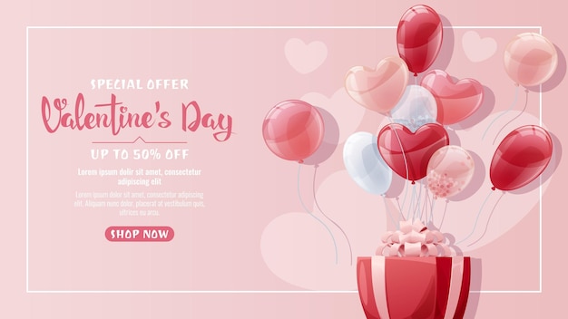 Vector valentijnsdag verkoop banner achtergrond met ballonnen en geschenkdoos flyer kortingsaanbieding reclame de poster is perfect voor een vakantiepromotie