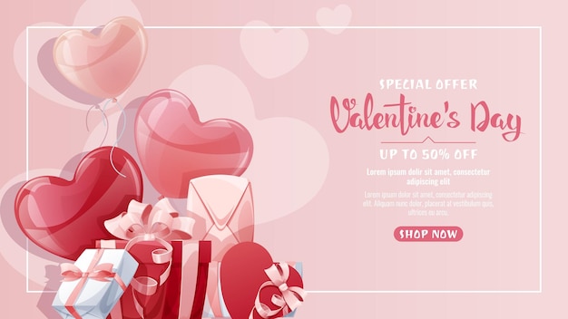 Valentijnsdag verkoop banner achtergrond met ballonnen en geschenkdoos flyer kortingsaanbieding reclame de poster is perfect voor een vakantiepromotie