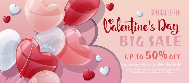 Vector valentijnsdag verkoop banner achtergrond poster flyer met een hoop ballonnen met een hart korting