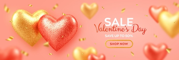 Valentijnsdag verkoop banner met glanzende realistische rode en gouden 3d ballonnen harten met glitter textuur en confetti.