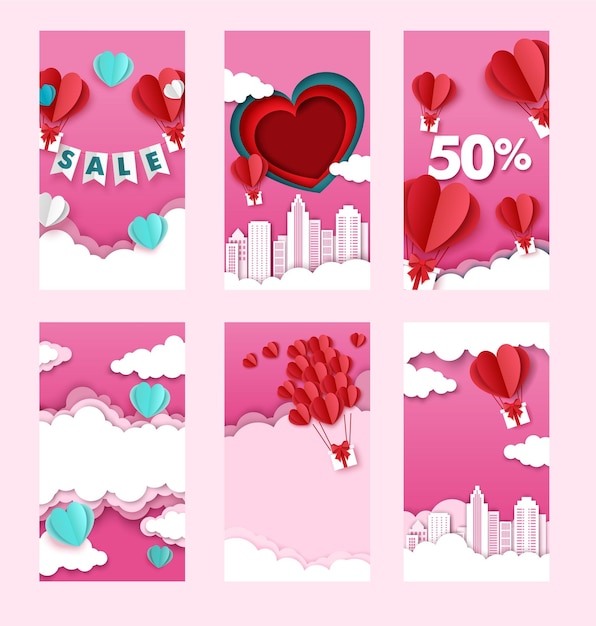 Valentijnsdag verkoop social media verhalen posts vector sjabloon hartvormige luchtballonnen met geschenken vliegen in de lucht Creatieve papier snit vector kunst illustratie voor poster banner cover card