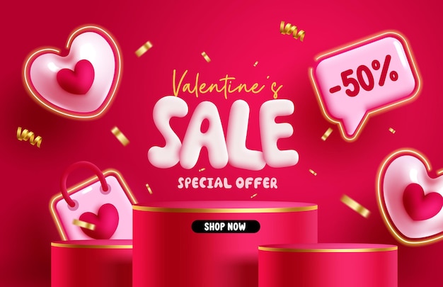 Valentijnsdag verkoop vector banner ontwerp. valentijnsdag speciale aanbieding tekst met podium podium