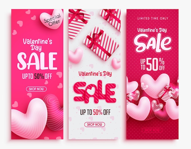 Valentijnsdag verkoop vector banner set. valentijnsdag kortingstekst met hartballonelementen