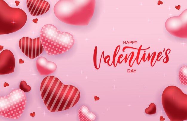 Valentijnsdag verkoop wenskaart met rode en roze 3D hart ballonnen op roze
