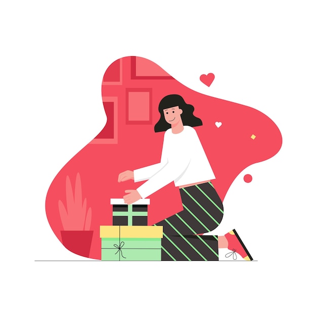 Valentijnsdag viering moderne platte concept. Liefdevolle vrouw in de buurt van geschenkdozen. Vriendin cadeaus geven of ontvangen op romantische vakantie. Vectorillustratie met mensenscène voor webbannerontwerp