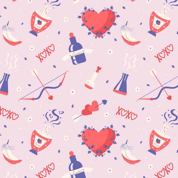 Valentijnsdag viering naadloos patroon met liefdesdrankflessen in de vorm van een hartboogpijl