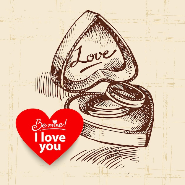 Valentijnsdag vintage achtergrond. hand getekende illustratie met hart vorm banner. doos met trouwringen.