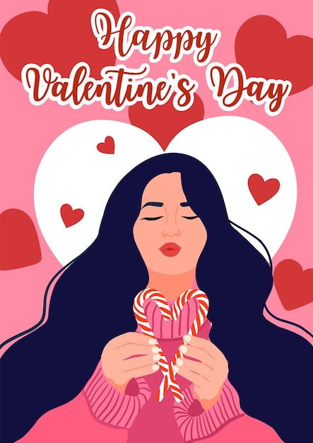 Valentijnsdag vóór 14 februari kaart vrouw met een lolly