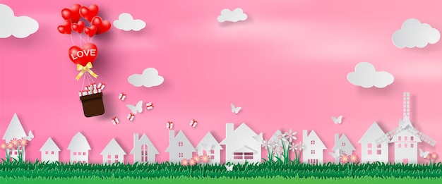 Valentijnsdag website banner met tekst liefde stadsgezicht en ballon wolken hart thuis