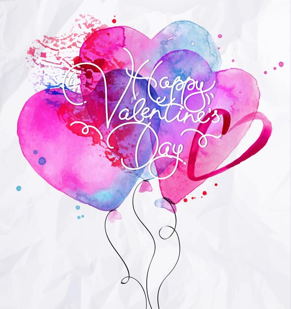 Valentijnsdag wenskaart met aquarel ballon harten belettering Happy Valentine day