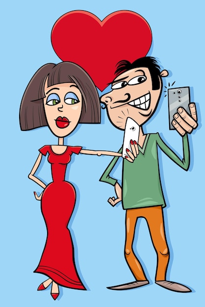 Valentijnsdag wenskaart met cartoon vrouw en man selfie maken