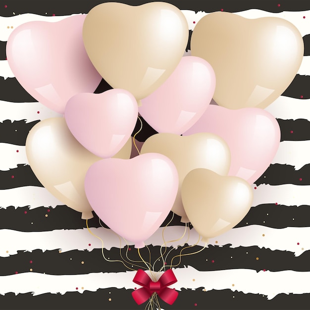 Valentijnsdag wenskaart met een boeket ballonnen happy valentines day poster op de zwart gestreepte achtergrond vectorillustratie