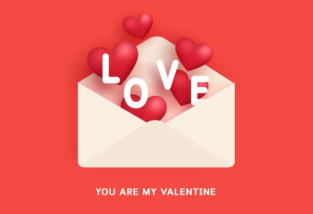 Valentijnsdag wenskaart met een letter en een liefdeswoord.