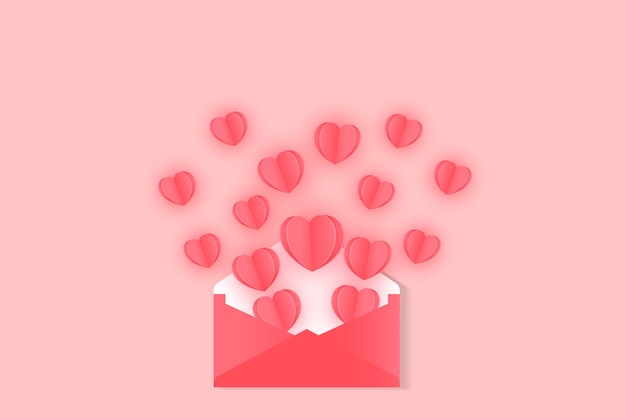 Valentijnsdag wenskaart met liefdesboodschap Papieren rode harten uit envelop