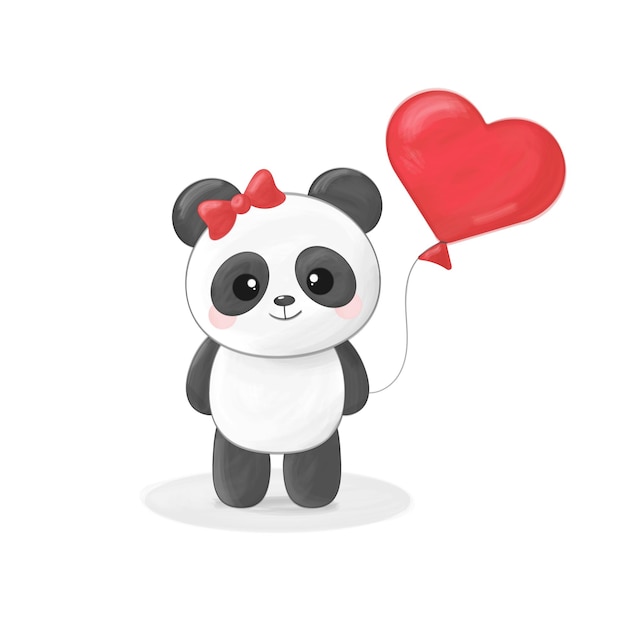 Valentijnsdag wenskaart met panda meisje hartvormige ballon op witte achtergrond aquarel