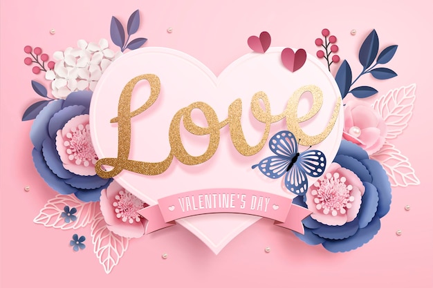 Valentijnsdag wenskaart met papieren hartvormige kaart en bloemen op roze oppervlak in 3d-stijl